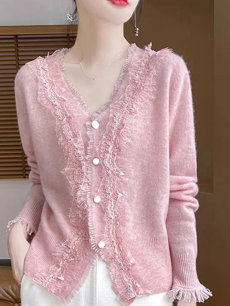 V-Ne Lace Splicing Design Maglione lavorato a maglia Lungo Sve Cardigan di lana Autunno Capispalla versatile Faion Sle da donna