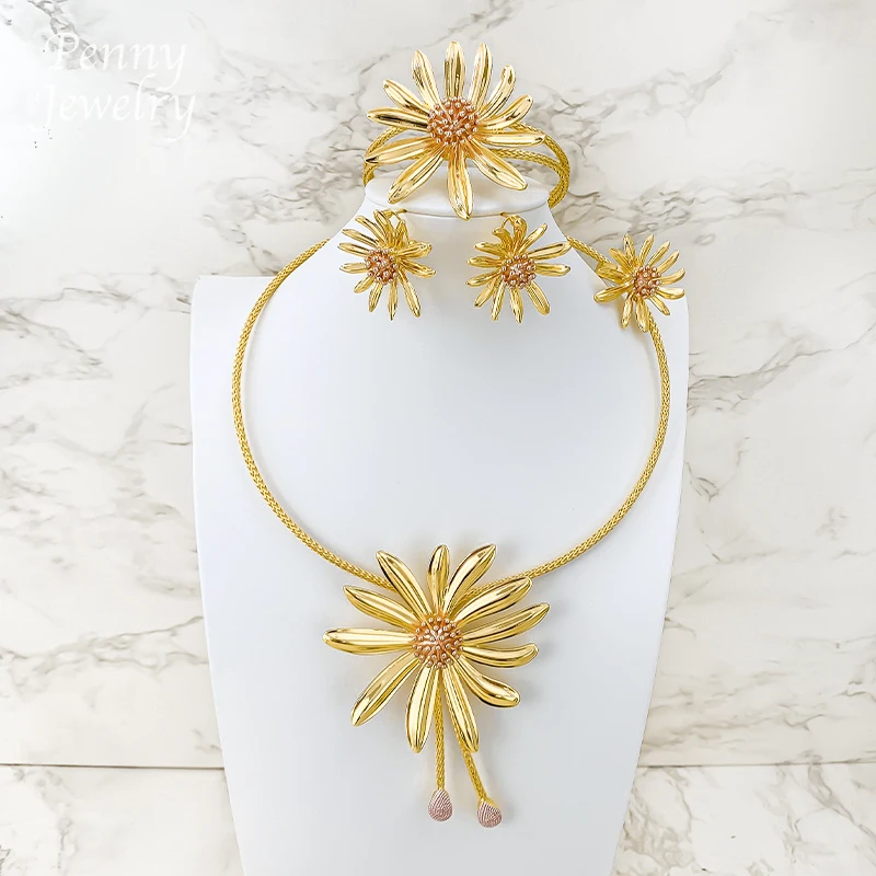 boheme-luxe-fleur-tour-de-cou-plaque-or-18-carats-ensemble-de-bijoux-collier-boucles-d'oreilles-bracelet-bague-mariee-africaine-cadeau-de-fete-de-mariage