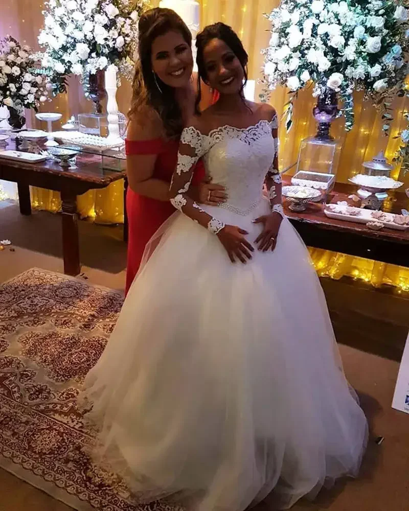 Vestido De novia personalizado De manga larga con hombros descubiertos, Vestido De novia De talla grande, cinturón con cuentas, Apliques De encaje, vestidos De novia