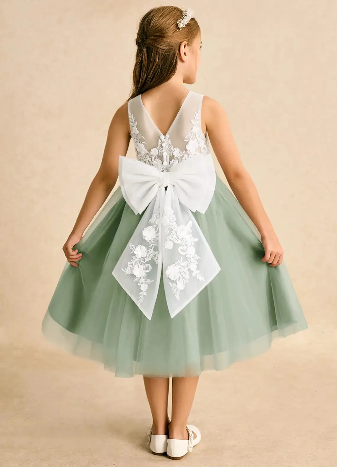 Cswdocy Delicate Girls Bridesmaid Dress 3D Floral Appliques Sheer V Back Big Bow Tulle Gown Flower Girl Dress For Pageant Formal