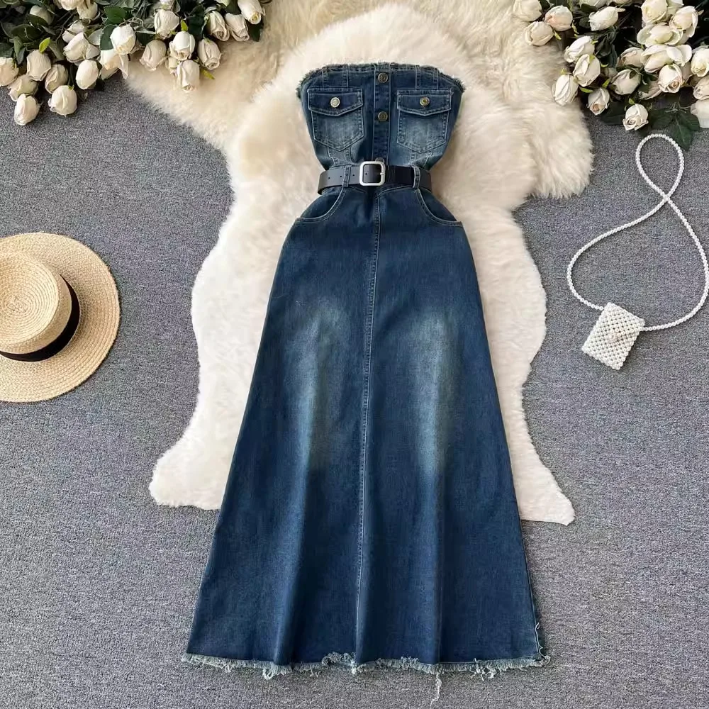 

Women's Spring Summer Sexy Strapless Denim Dress Female High Waist Chic Party A-line Vacation Dress TB1472