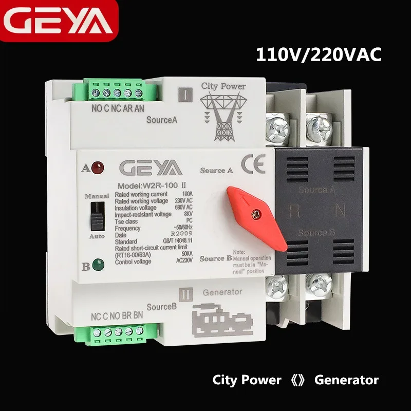 

GEYA Mini ATS 2P Automatic Transfer Switch Electrical Selector Switches Dual Power Switch ATS 63A 100A 110V 220V