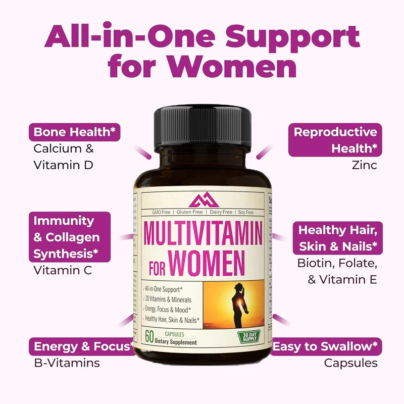 

Women's daily multivitamins and minerals magnesium, biotin, zinc, calcium, green tea support antioxidant 60 capsules