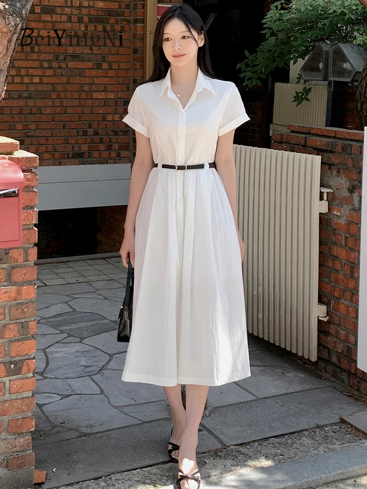 Beiyingni 2024 Fashion Vintage Elegant Shirts Dresses Women With Belt White Temperament Slim Waist Plain Long Midi Dress Ladies