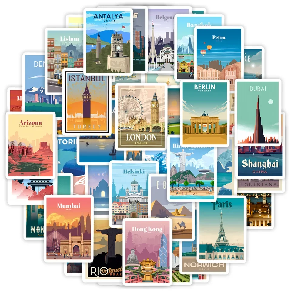 Ultra Durable PVC Cityscape Stickers Featuring Iconic Landmarks Ideal for Phones Laptops Suitcases Journals and Creative Project