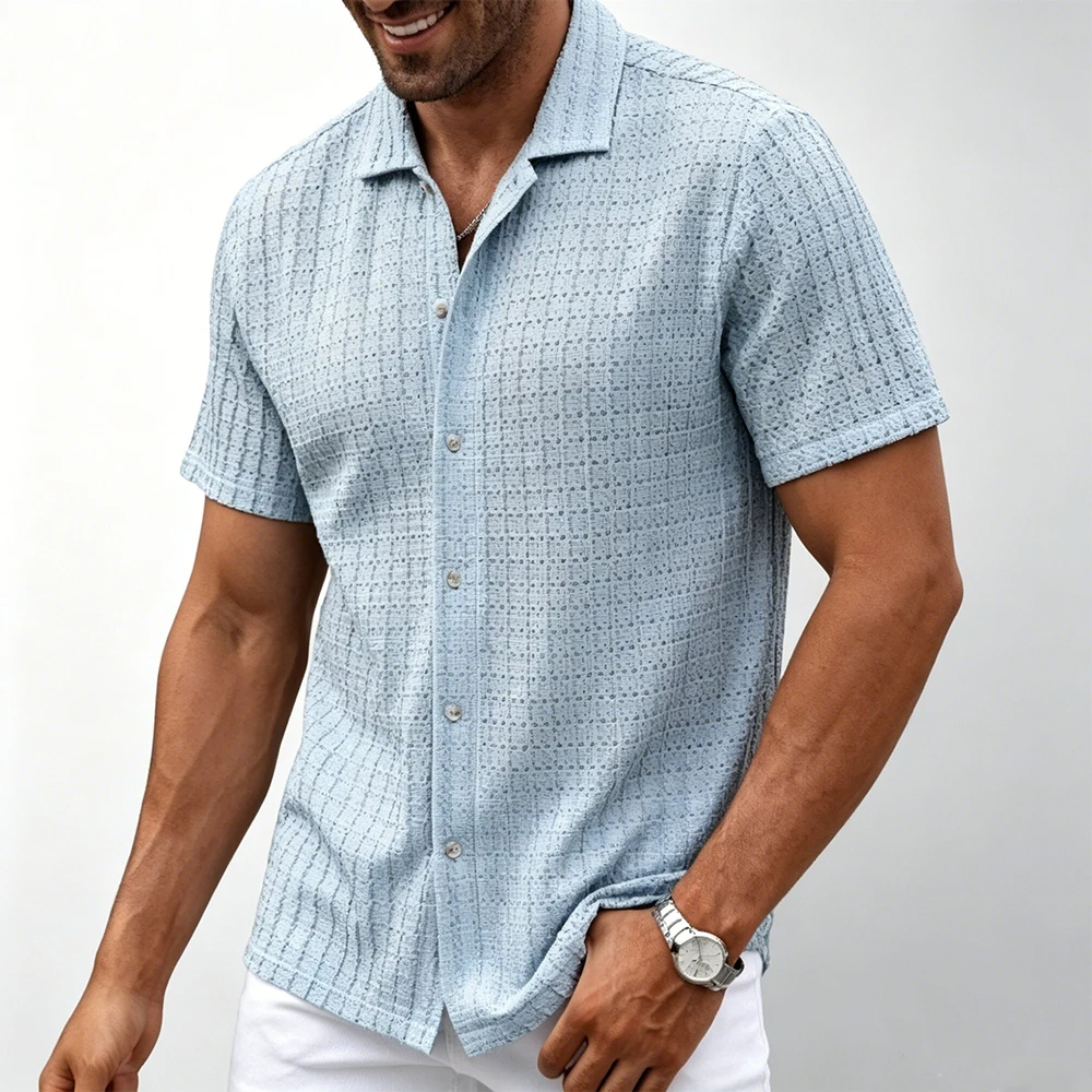 European American Summer Casual Men's Shirts Short-sleeved Hollow Solid Color Jacquard Cardigan Tops Men