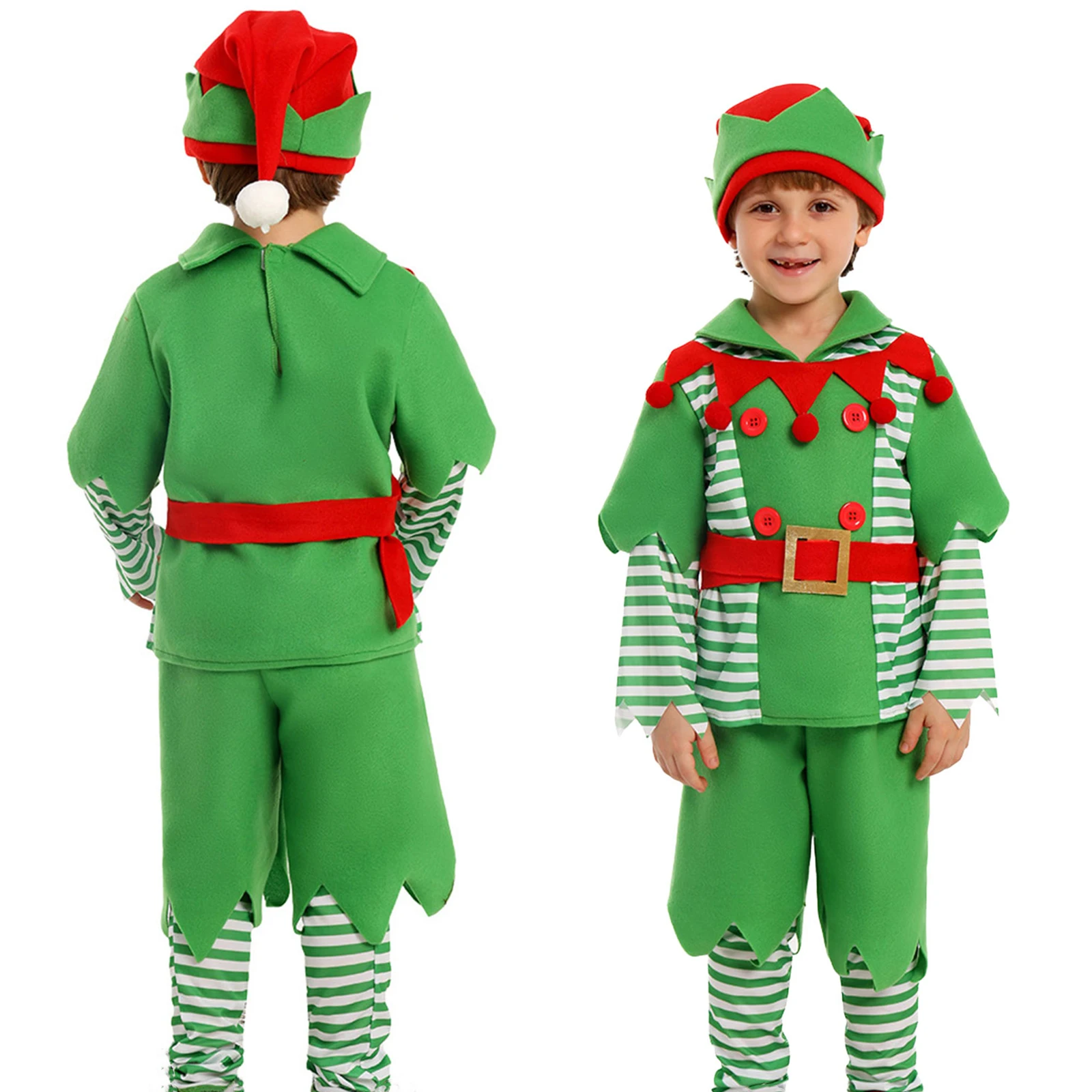 HEZIOWYUN Langarm-Tops + solide Shorts + gestreifte Beinwärmer + Gürtel + Hut Weihnachten Halloween Party Kid Elf Cosplay Kostüme Set