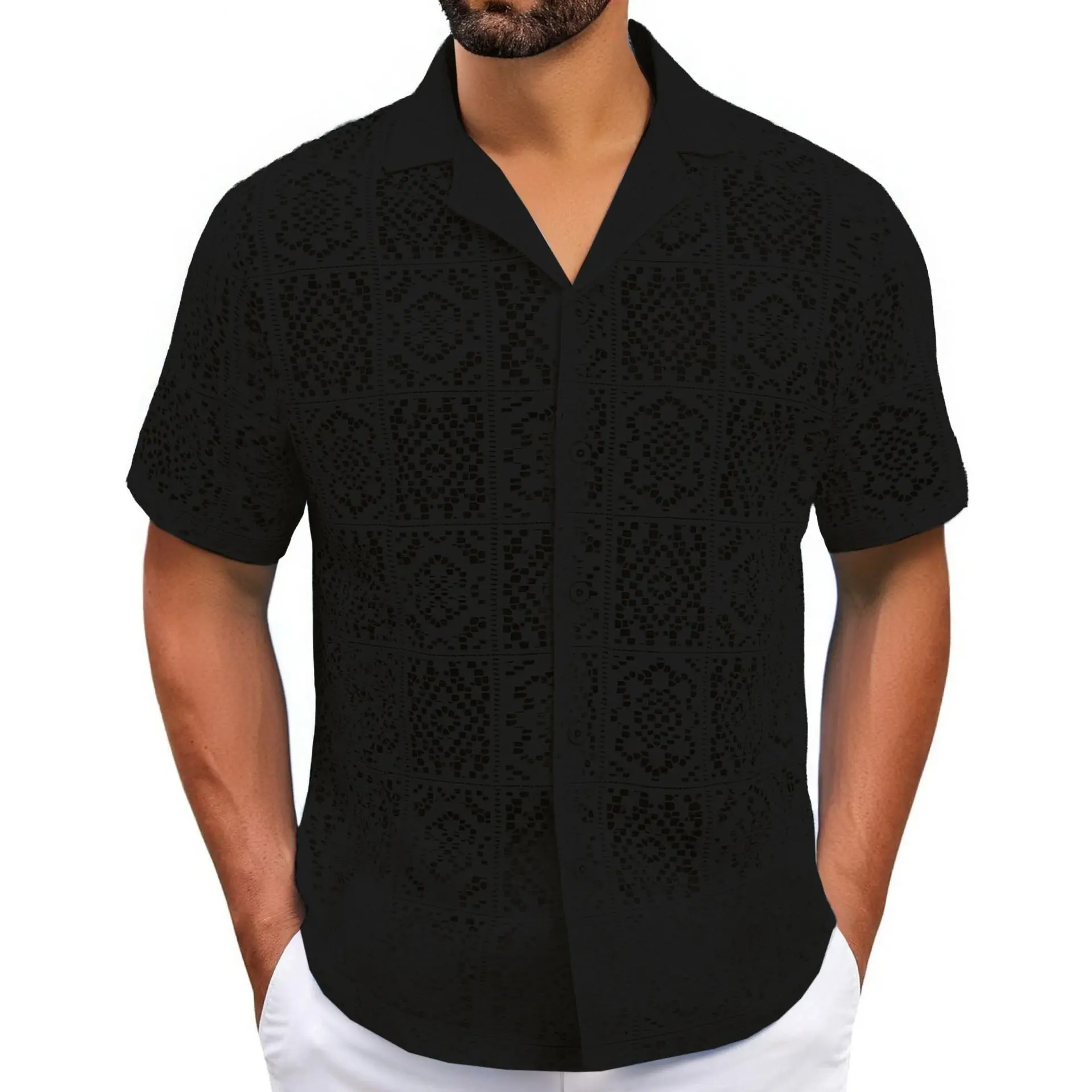 2025 New Men's Polyester Hollow Out Shirt Summer Casual Short Sleeve Button-Down Collar Breathable Loose Fit Trendy Blouse