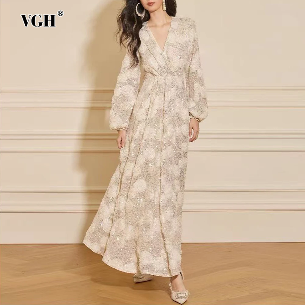 VGH فستان وردي ثلاثي الأبعاد مثير للنساء بياقة على شكل V وأكمام طويلة مرقع ترتر للتخسيس والحفلات المسائية فساتين طويلة موضة نسائية