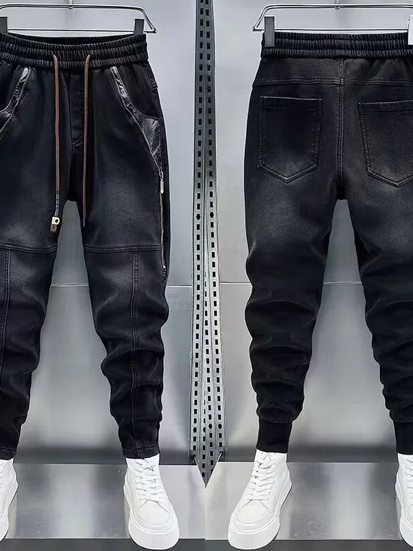 

Men's Elastic Waist Patchwork Jeans Spring Autumn New Sle Slim Fit Harem Pants Korean Version Cuffed Long Trousers