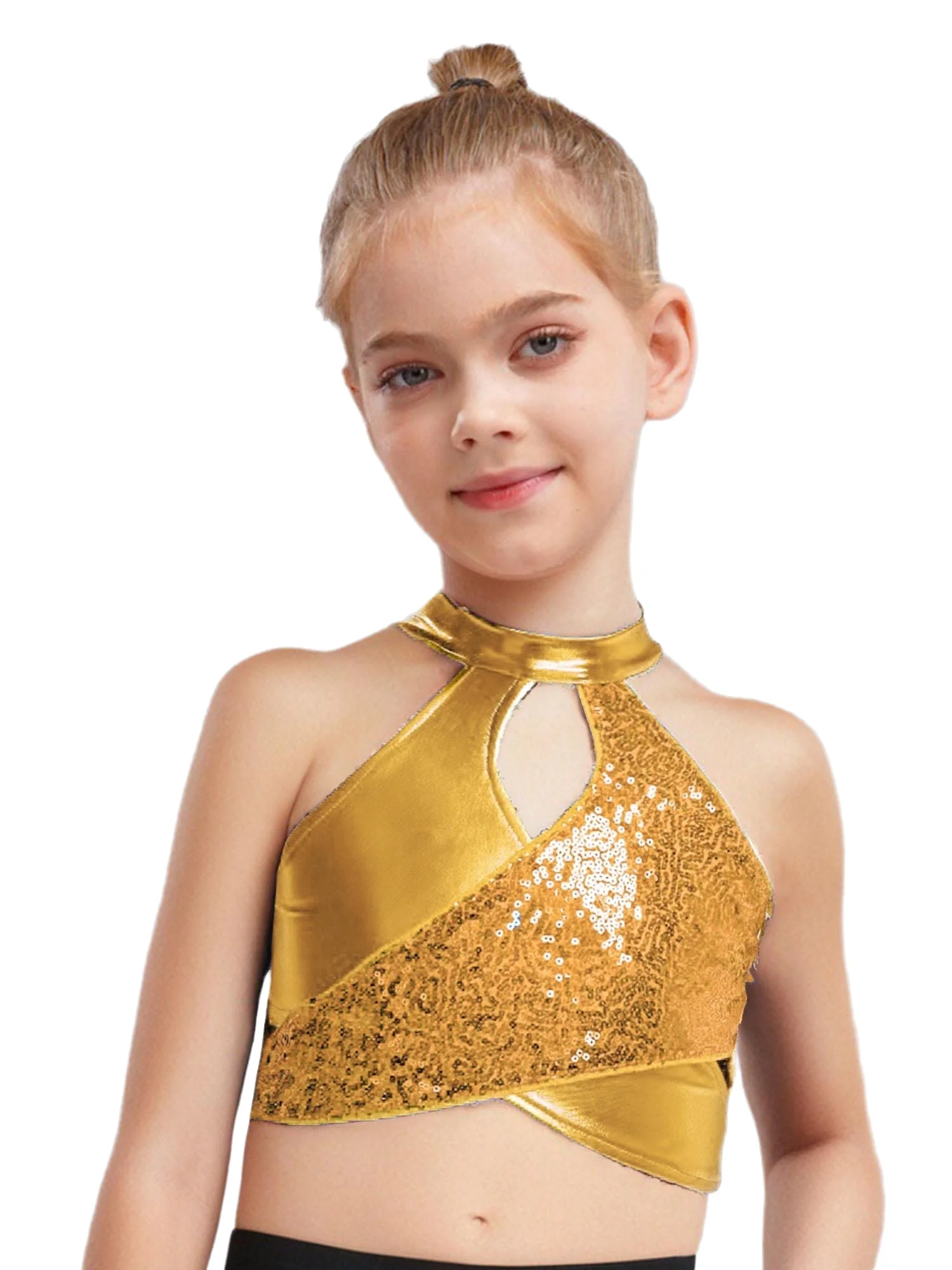 Tenues de danse Jazz Hip-hop pour enfants filles, trou de serrure croisé, paillettes scintillantes, haut court métallique avec short, tenue de salle de bal, Streetwear