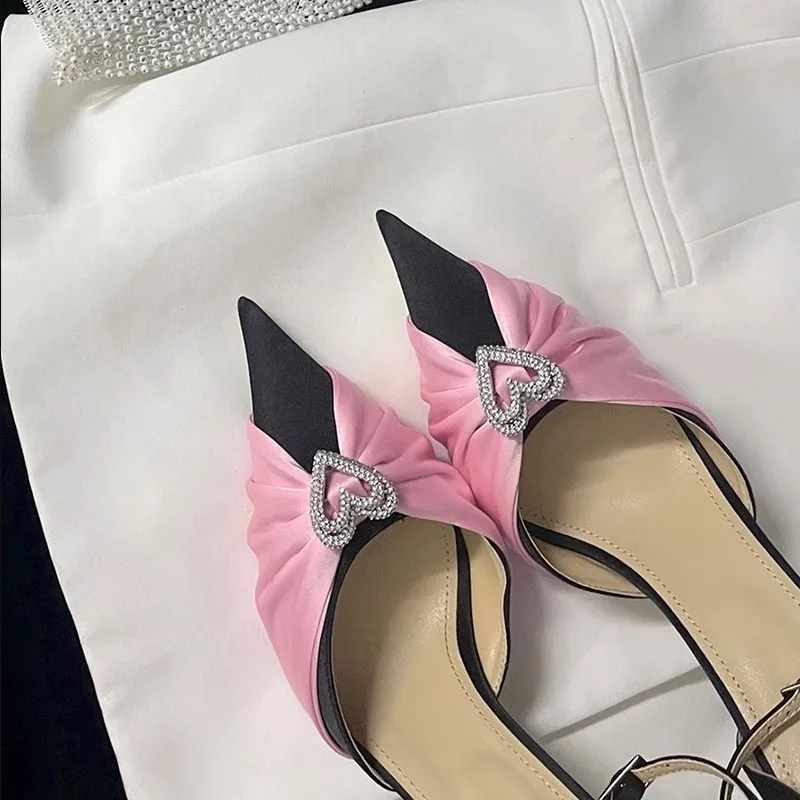 2023 New Rhinestone Bowknot Satin Pointed Heart Sandals 6cm/8cm/10cm Thin Heel Sexy Bridesmaid Shoes 34-40 Birthday Party Shoes