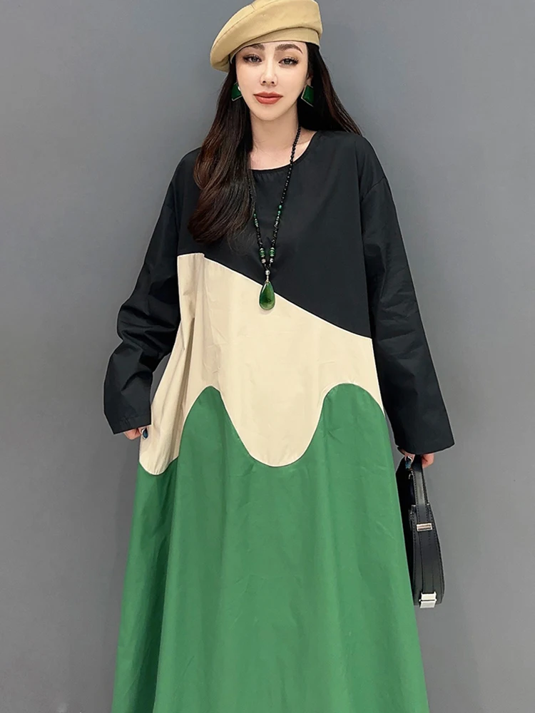 XITAO O-neck Patchwork A-line Dress Long Sleeve Loose Casual All-match Goddess Style Spring Women 2024 New Dress DMJ3968