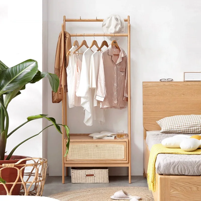 

Rattan solid wood coat rack Nordic home bedroom multi-functional clothes drying rod simple floor-to-ceiling storage and hanging