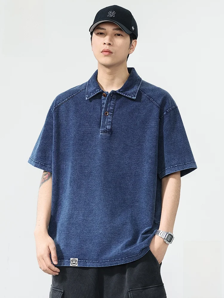 

PaulFrank Loose Fit ort Sve irt Retro American Denim Summer Thin Lightweight Turn-down Collar T-irt for Men