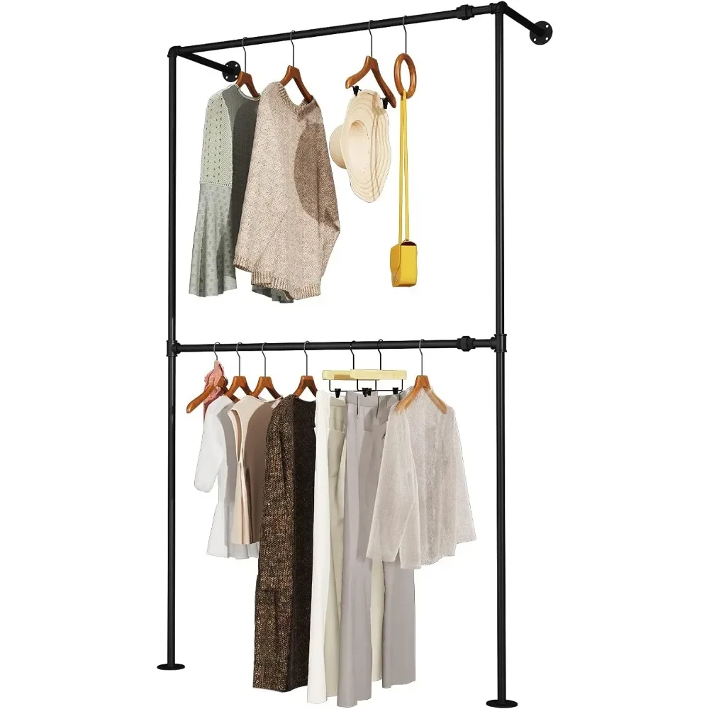 Industrial Pipe Clothing Rack Wall Mounted, Metal Clothes Racks for Hanging Clothes, Display Cloths Rack, 2 Tier Deluxe Design