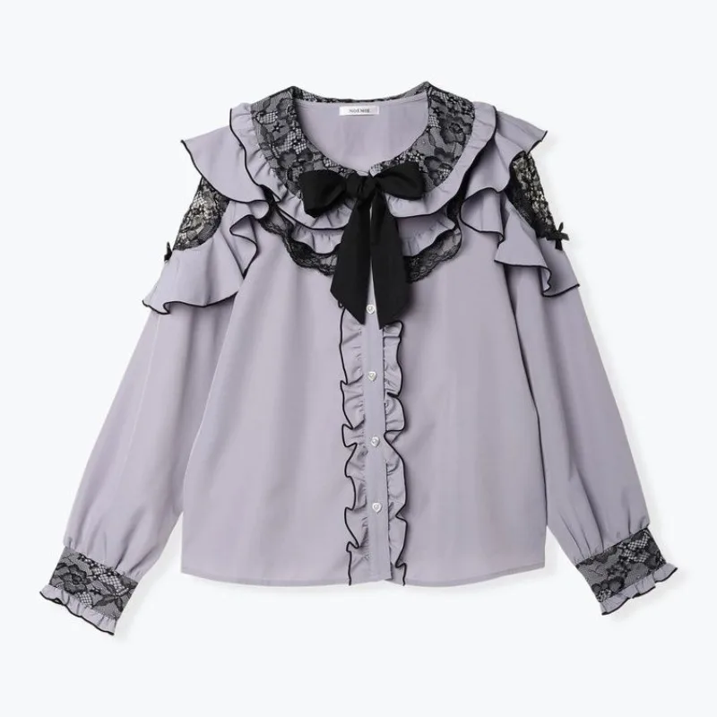 

Lolita Long Sleeve Blouse Japanese Girl Lace Patchwork Bow Shirt Women Kawaii JK Sweet Y2k Aesthetic Ruffled Tops Blusas Camisa