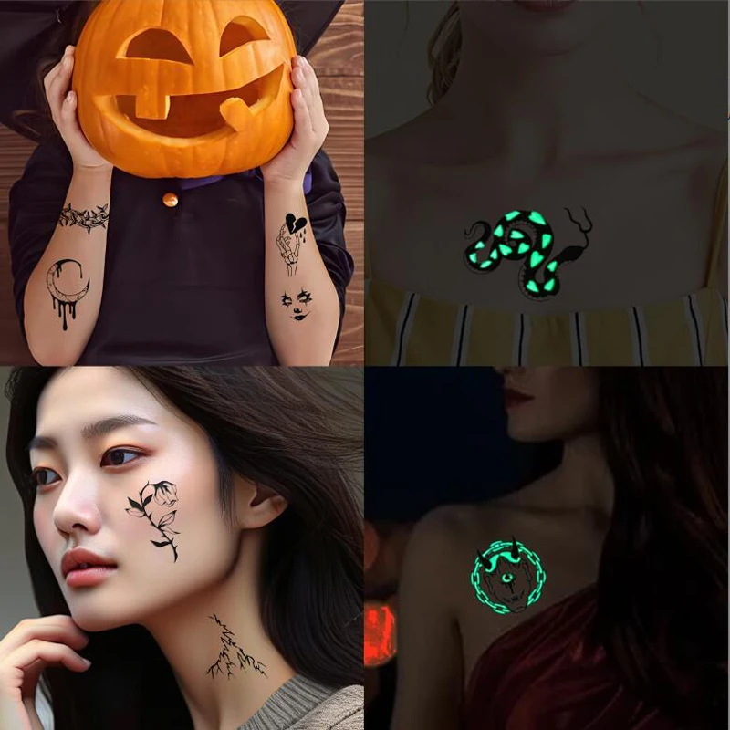 New Halloween Night Light Tattoo Sticker Waterproof Children's Cartoon Facial Stickers Glowing Pumpkin Skull Bat Fake Tattoos