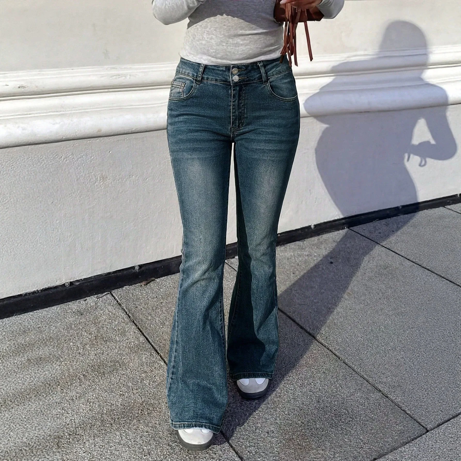 High Waist Bell Bottom Jeans Cement Grey Slim Fit Hoof Pants for Middle School Students Casual Straight Leg Jeans