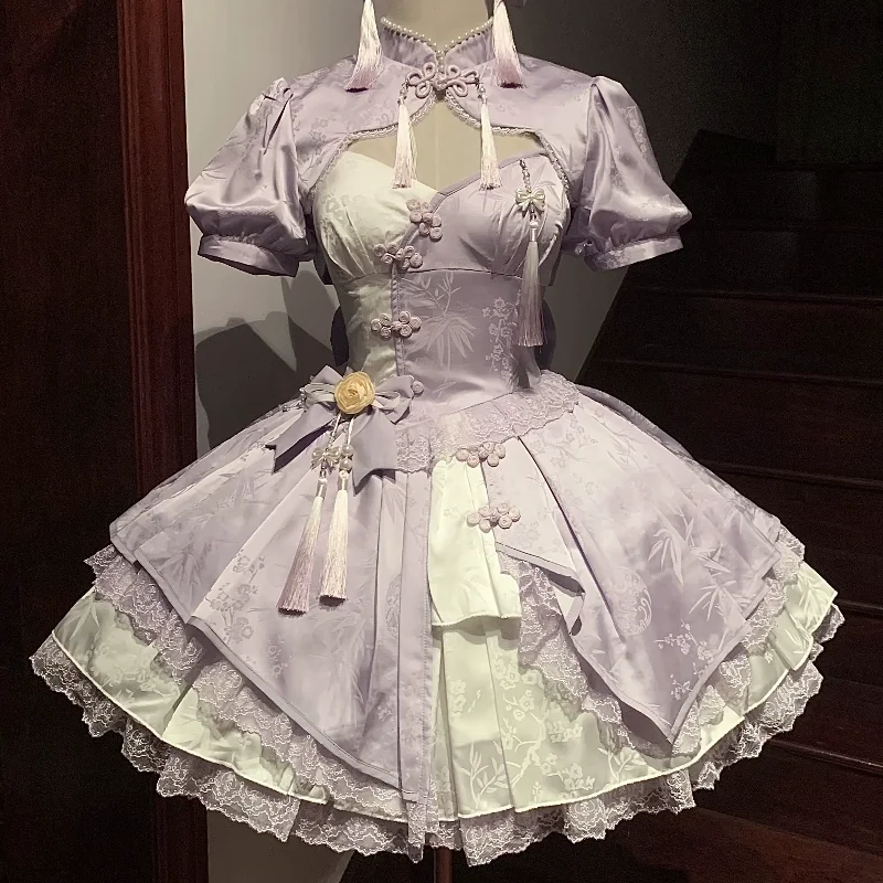 2025 novo doce renda borla estilo chinês elegante moda rosa azul cosplay mini vestido y2k japonês lolita vestido