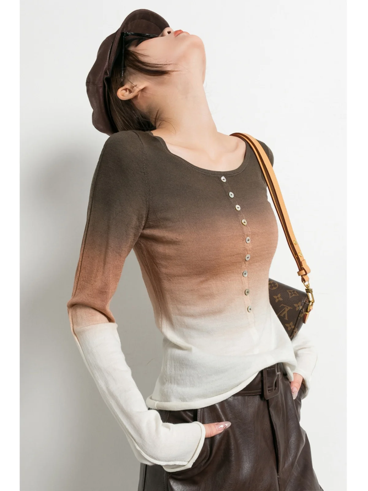 

Женский модный приталенный шерстяной свитер Tide PA с градиентом коричневого цвета, с длинными рукавами, для весны и осени, в уличном стиле