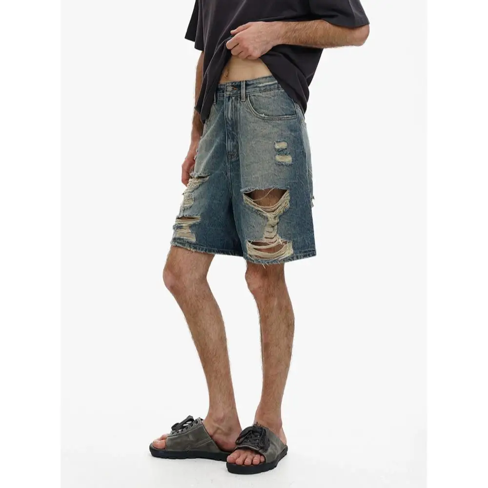 

Summer men's denim shorts, trendy streetwear worn-out loose straight 5-point mid-length shorts, beach shorts