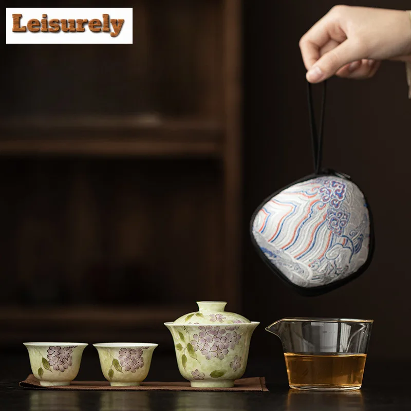 

Hand-painted Hydrangea Flower Travel Tea Set Kit Elegant 1 Pot 2 Cups Tea Making Organizer Portable Outdoor Stock Bags Ornaments