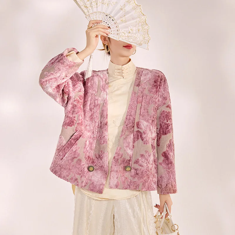 Spring and Autumn Chinese Style High-end Pink Velvet Embroidered Fashion Top V-neck Loose High-end Jacket