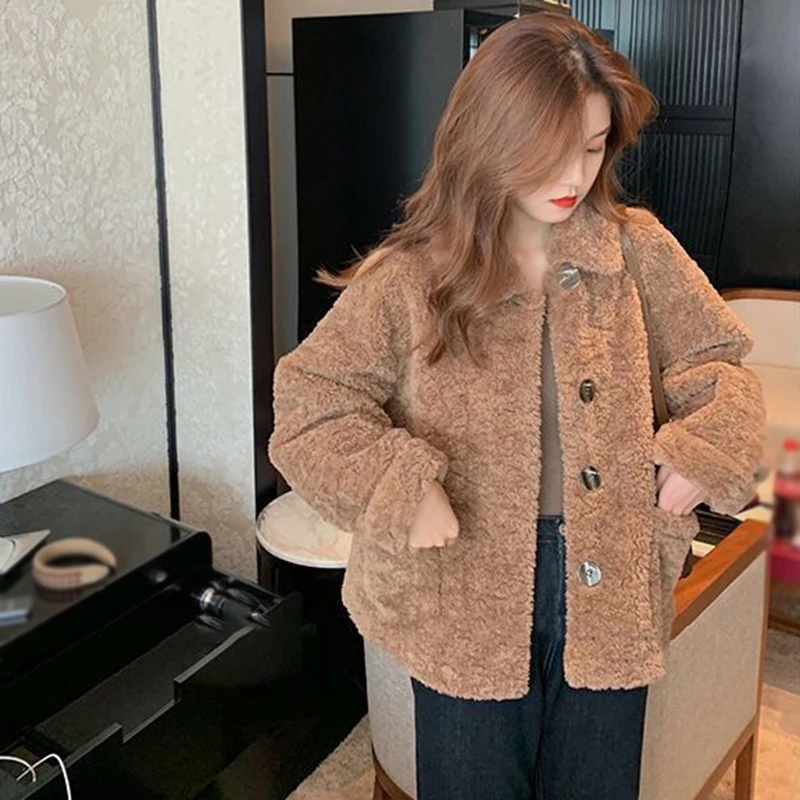 

Women's Long Sleeves Coat Loose Casual Overcoat Artificial Lamb Down Turndown Collar Autumn Winter Solid Color Button Pocket