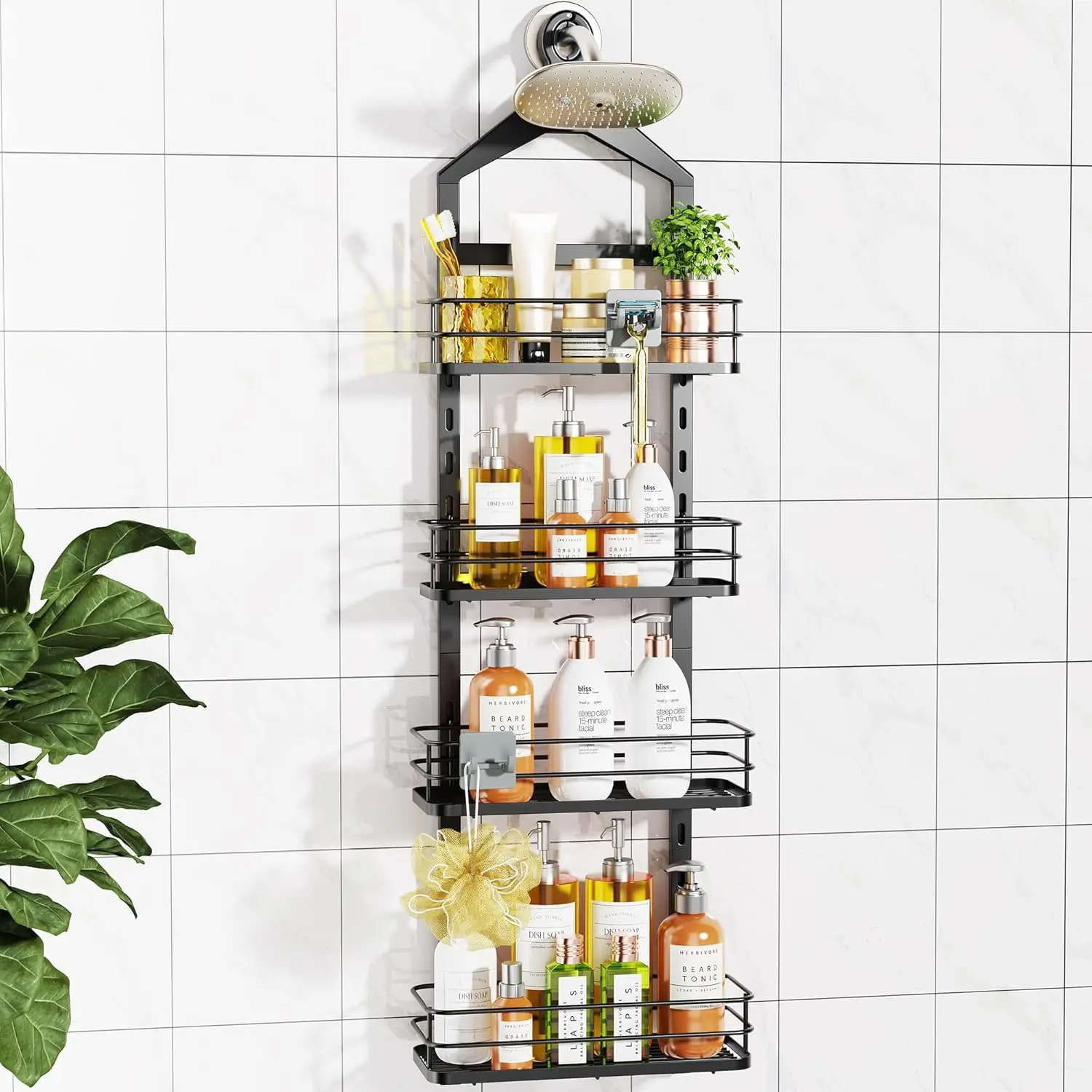 

4-Tier Adjustable Shower Caddy, Anti-Swing Hanging Organizer with Large Capacity for Bathroom Storage - Black