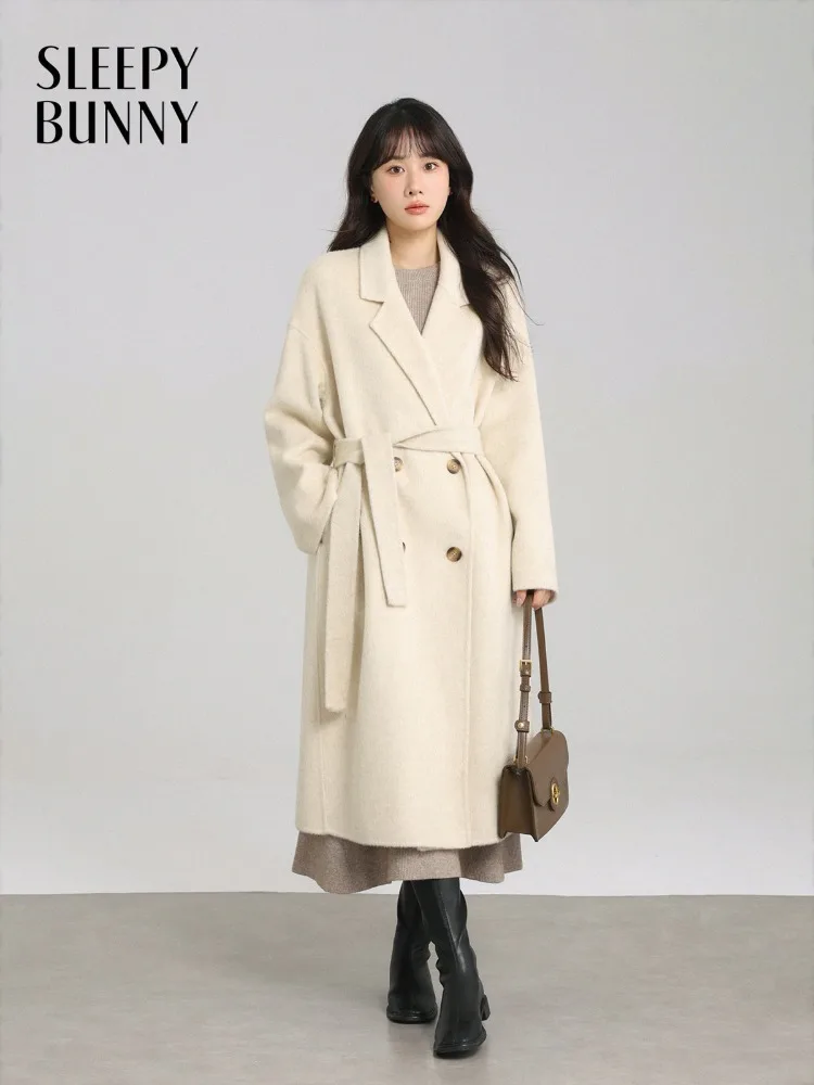 

Wool Long Coat Women Thick Warm Double-Faced Overcoat Soft Elegant Winter Woolen Jacket with Belt for Chic Office Daily Style