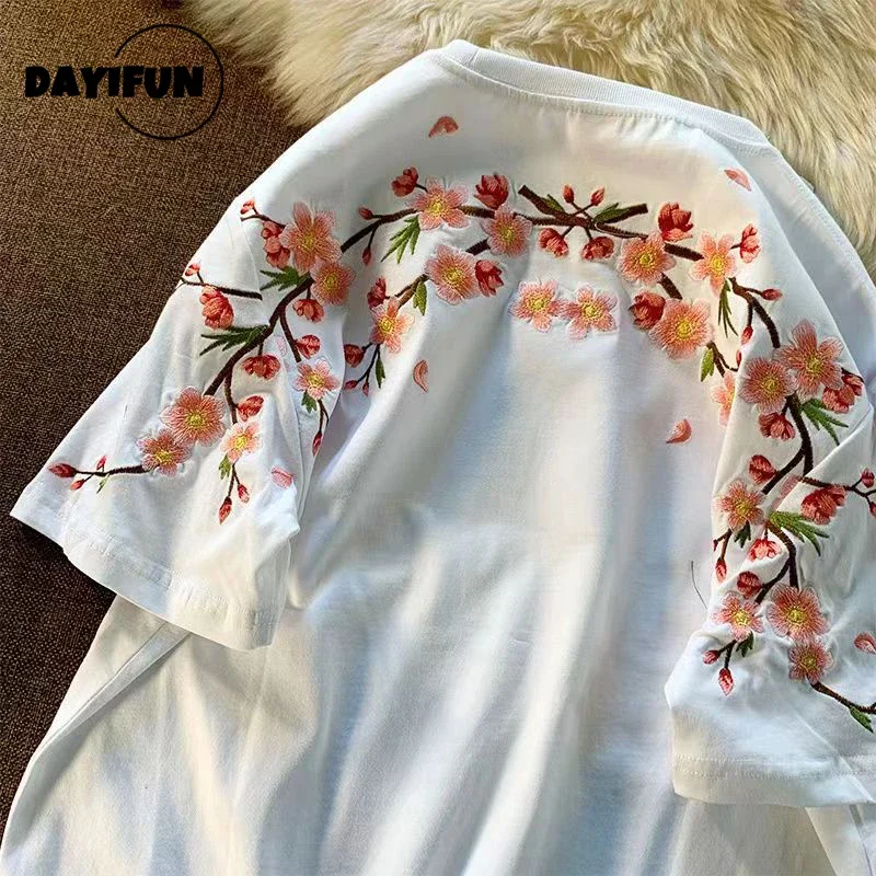 DAYIFUN-Women's Plum Embroidery O Neck T-Shirts Half-Sleeved Tees Tops Female Streetwear Summer Loose Tshirts for Ladies New Top