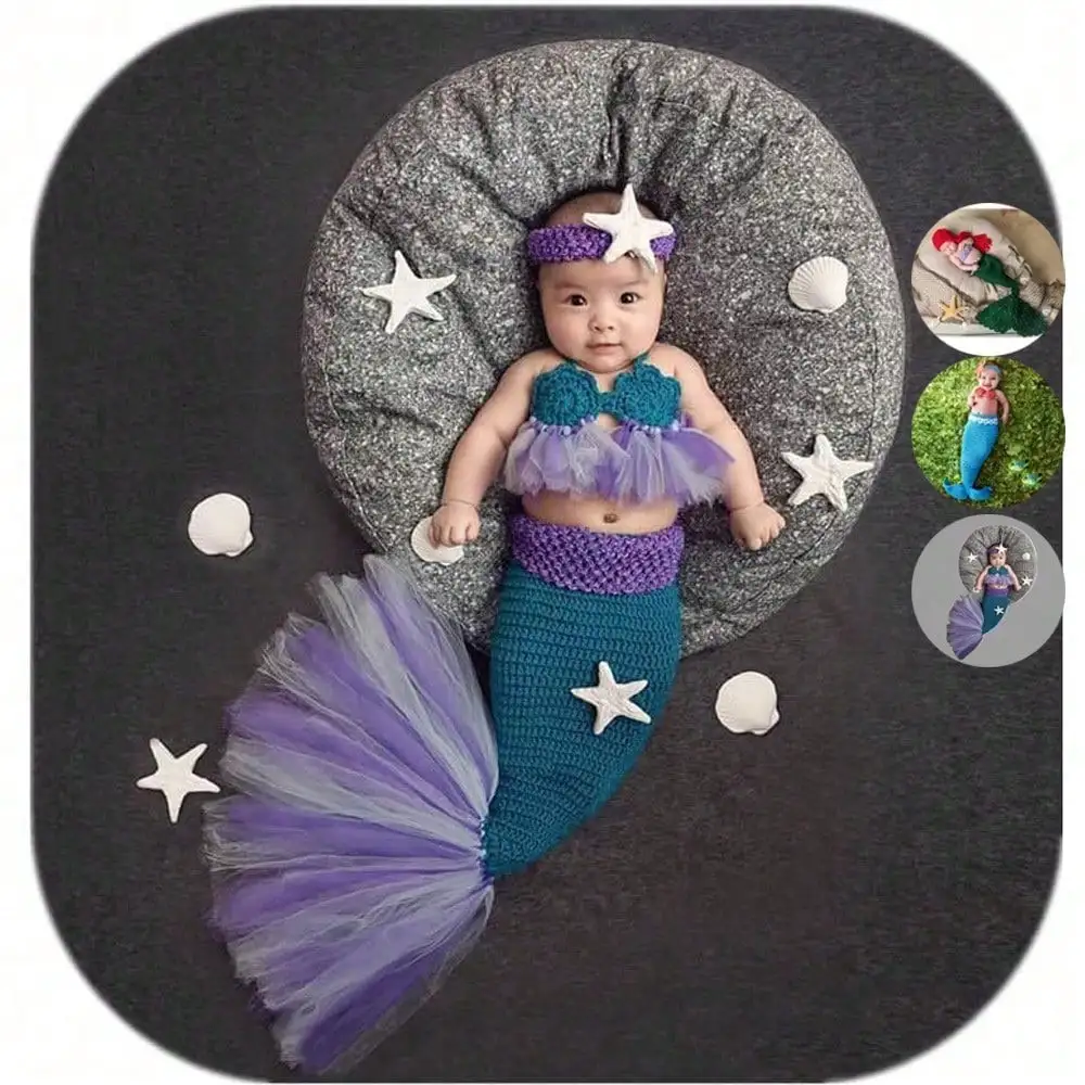 Gestricktes Meerjungfrau-Outfit für Neugeborene mit Stern-Stirnband. Baby-Fotografie-Requisite, posierendes Kostüm, Babyparty-Geschenk.