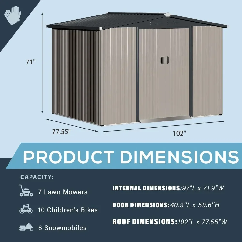 야외 보관 도구 창고 (슬라이딩 문짝), 정원 금속 창고, 마당용 창고, 회색 야외 보관 클리어런스, 8x6 피트