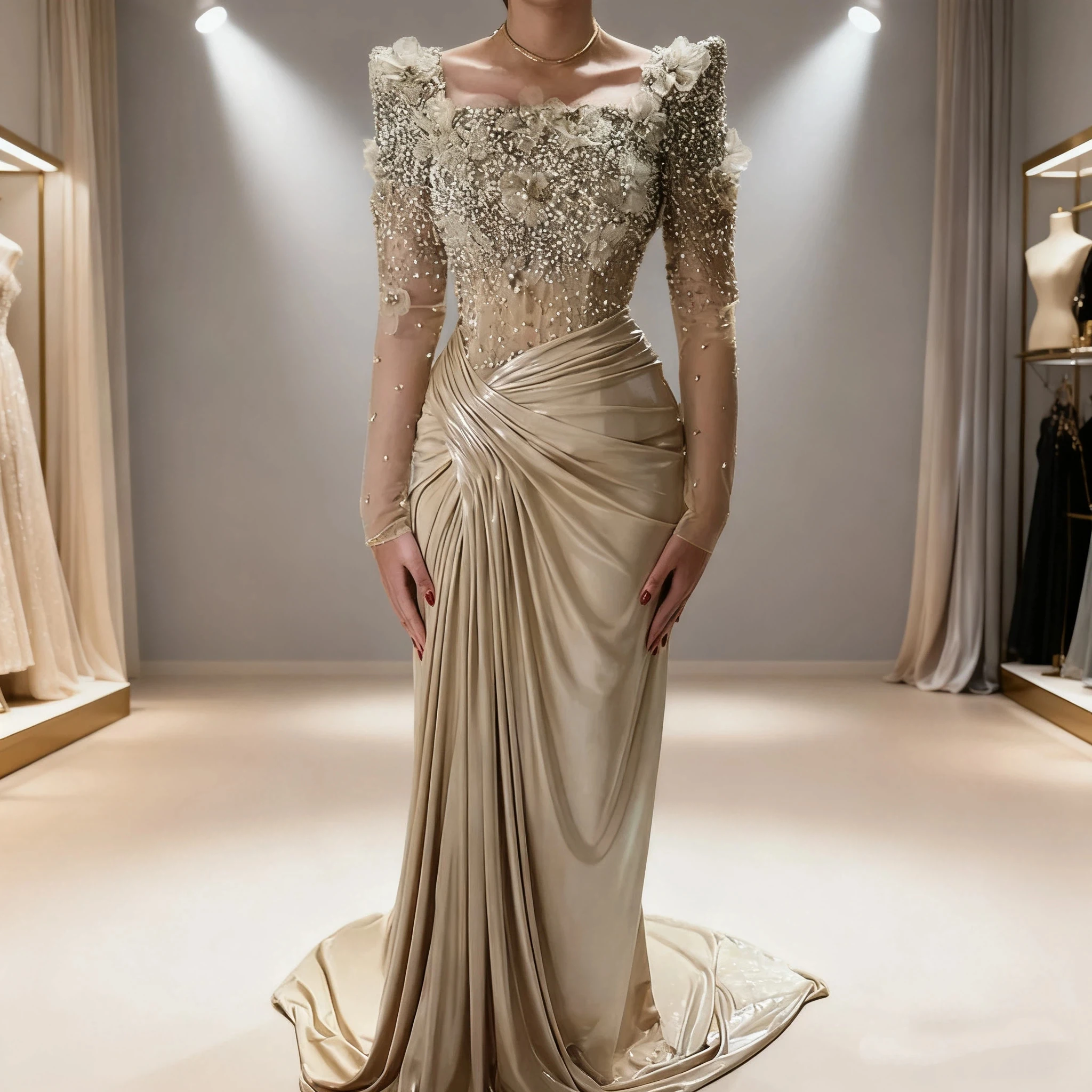 Luxury Mermaid 3D Flower Beaded Party Evening Dress Sexy Square Neck Transparent Long Sleeve Formal Event Ball Dress Customized