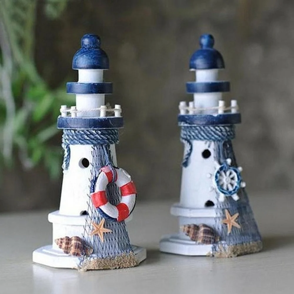 Mediterranean style Cute Craft Home Decoration Wooden Crafted Lighthouse Light Tower Starfish Shell Christmast gifts