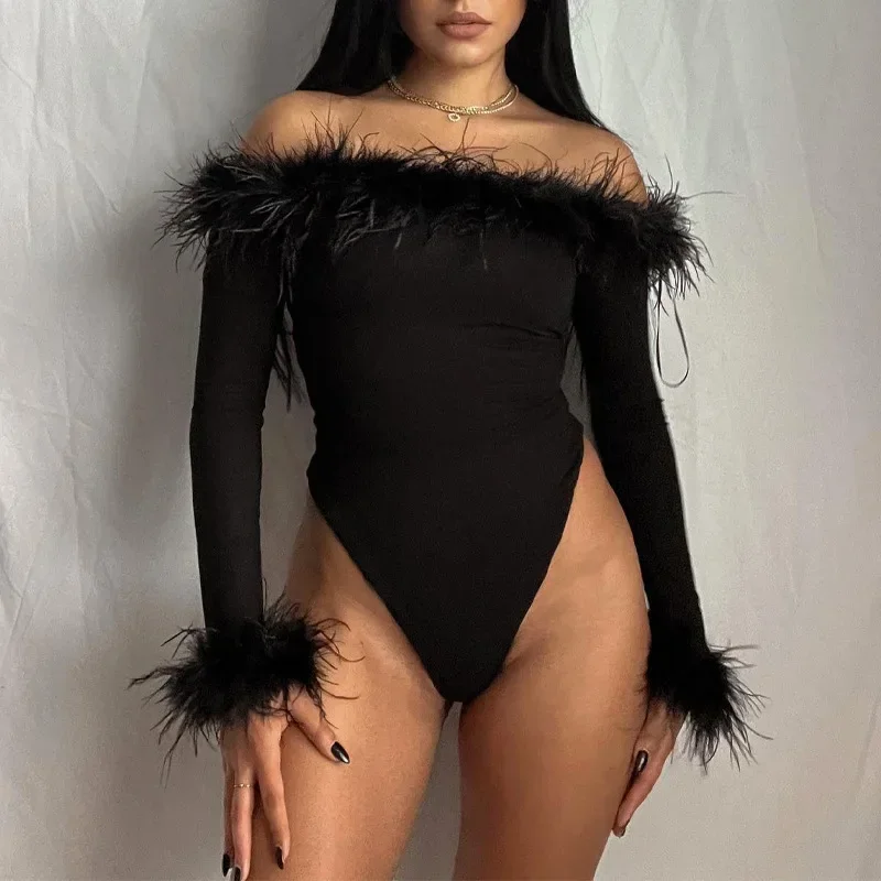 2024 New Bodysuits for Women Elegant One Piece Slim Tops Bodysuit Clothes Fashion Feathers Sexy Long Sleeve Off Shoulder YXQ08