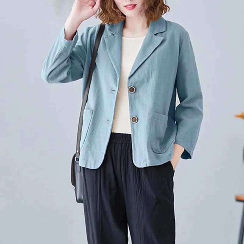 2023 Women Cotton Linen Blazers Oversized Loose Notched Button Up Thin Blazer Coat Solid Color Long Sleeve Casual Office Jackets