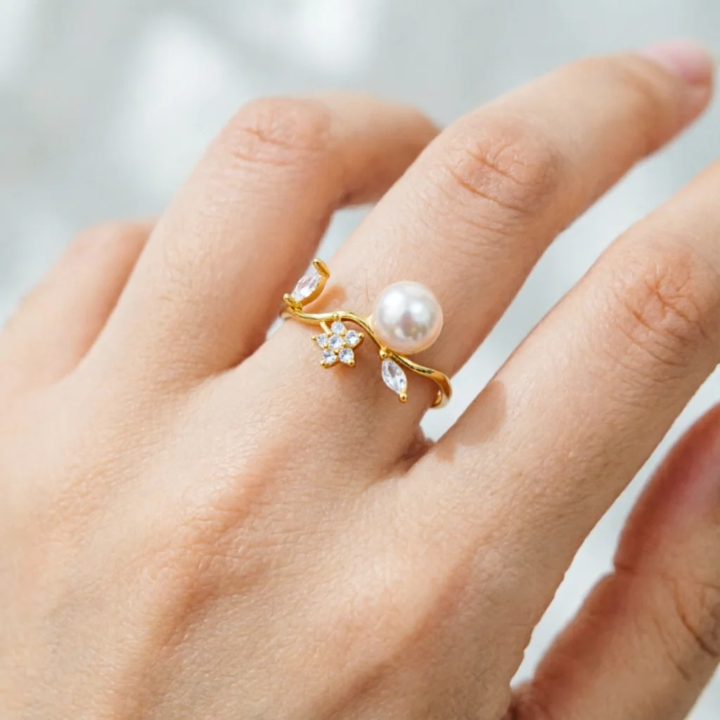 

JY ZuBo Peach Pearl Ring with Gift Box Gold Floral Design Women's Fashion Jewelry Best Birthday Anniversary Wedding Gift for Her