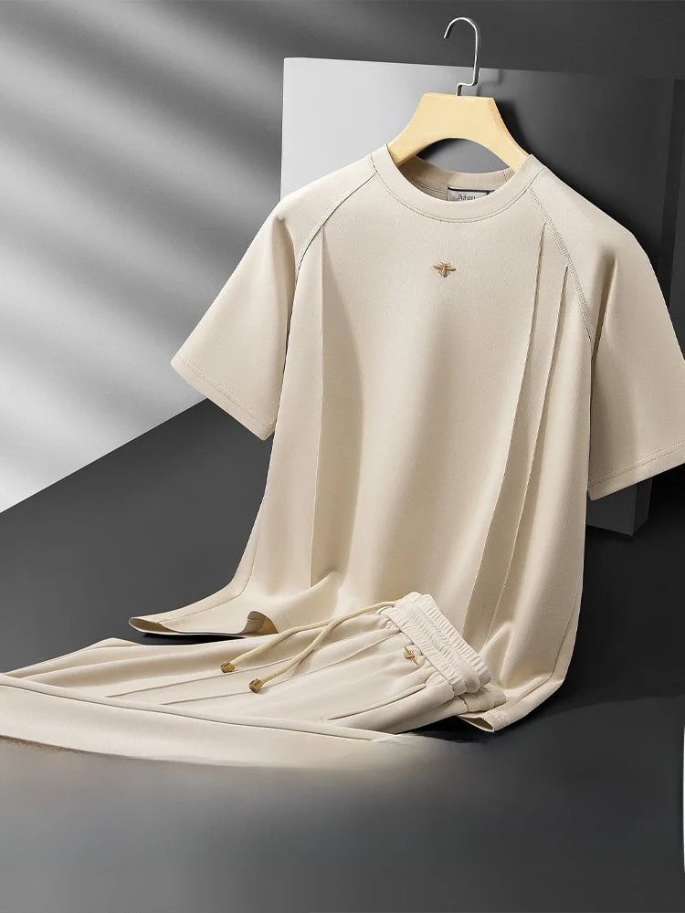 

Summer Casual Modal Sports Suit Men's round Ne ort Sve Straight Leg Pants Two Piece Set Embroidered Comfortable Fit