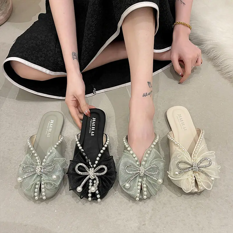 Female Sandal Retro Woman Shoes Clear Heels 2023 Summer Girls Original Low Closed Pearl Outside New Bow Sweet PU String Bead Rub