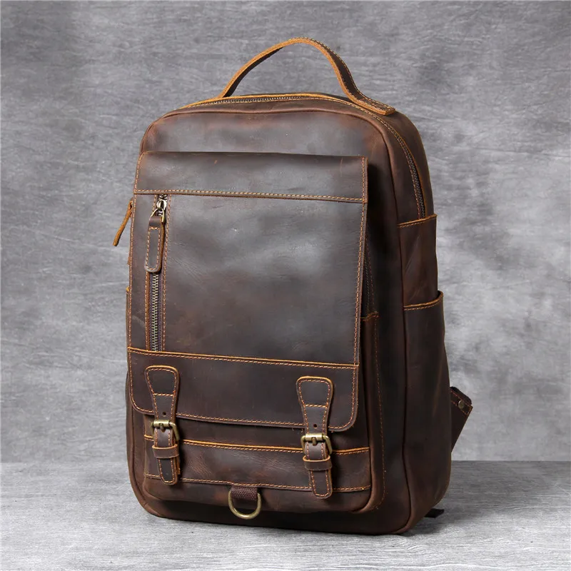 

Vintage simple crazy horse cowhide men's backpacks high quality anti theft genuine leather travel laptop bagpack outdoor bookbag