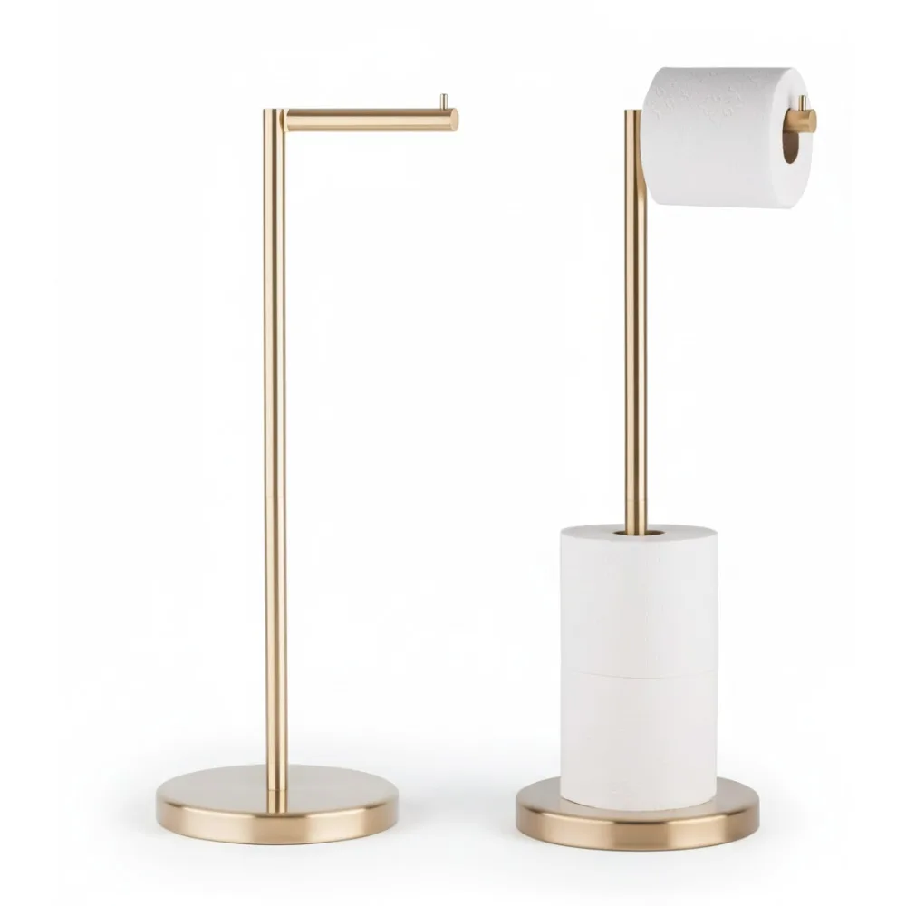 

Роскошная отдельно стоящая подставка для туалетной бумаги с местом для хранения на 4 рулонах, матовое золото из нержавеющей стали для ванной комнаты, автофургона, квартиры