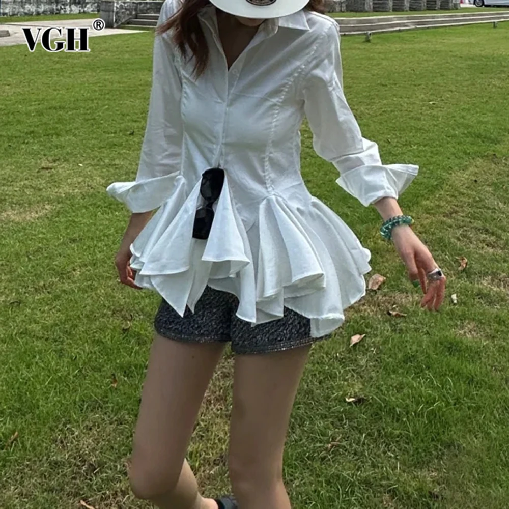 

VGH однотонная лоскутная рубашка с оборками и подолом для женщин, рубашка с лацканами и рукавами-фонариками, утягивающие темпераментные рубашки большого размера, женские весенние