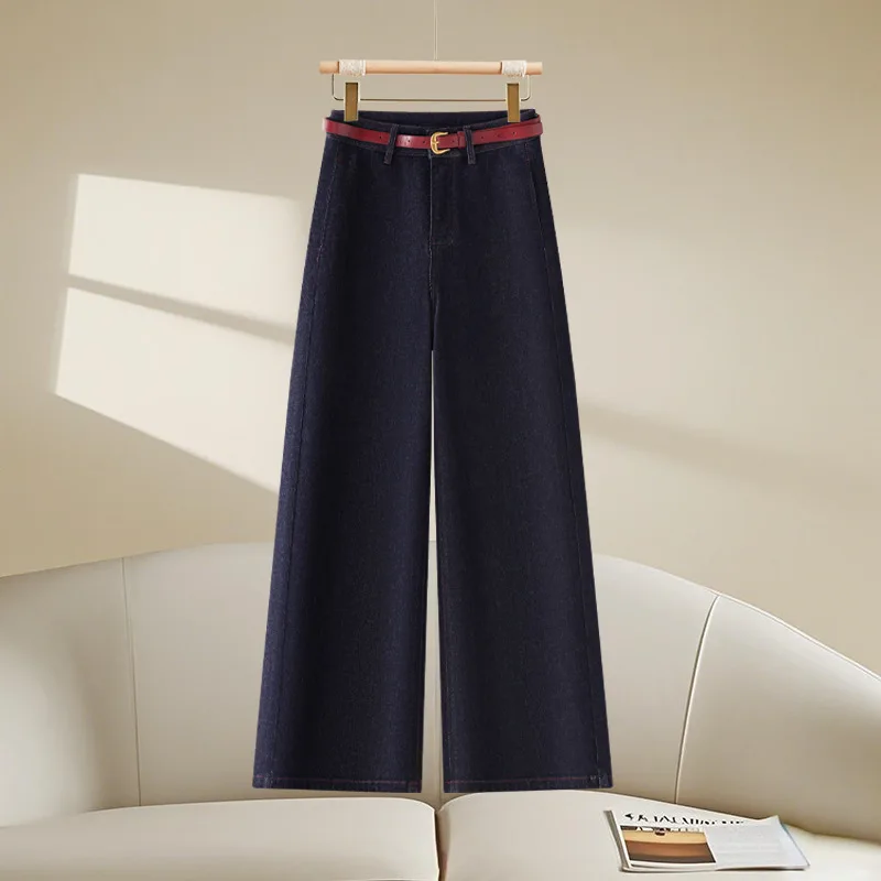 

Fashion Dark Blue High Waist Wide Leg Jeans for Women Autumn Retro Slim Loose Straight Pants Hot Sale