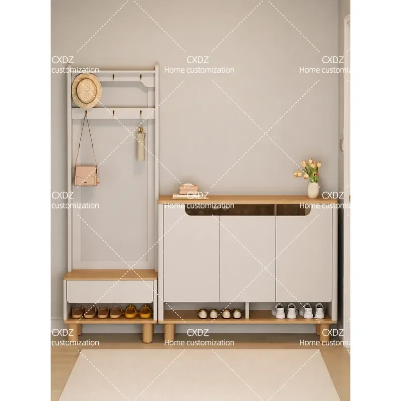 The shoe cabinet and coat rack at door are integrated, and shoe change stool hangs hanger at door.