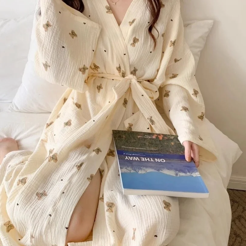 잠자는 가운 여성 봄과 가을 새로운 일본식 스타일 귀여운 목욕 가운 곰 긴팔 캐주얼 공주 스타일 홈 의류