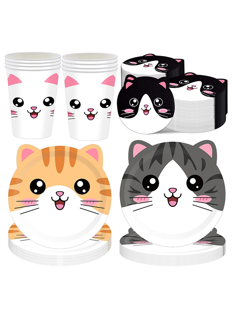 Geschirr mit niedlichen Tieren, Katzenform, Speiseteller, Einwegteller, Servietten, Tassen, Tiere, Thema, Geburtstag, Babyparty, Partygeschenke – Detail 1