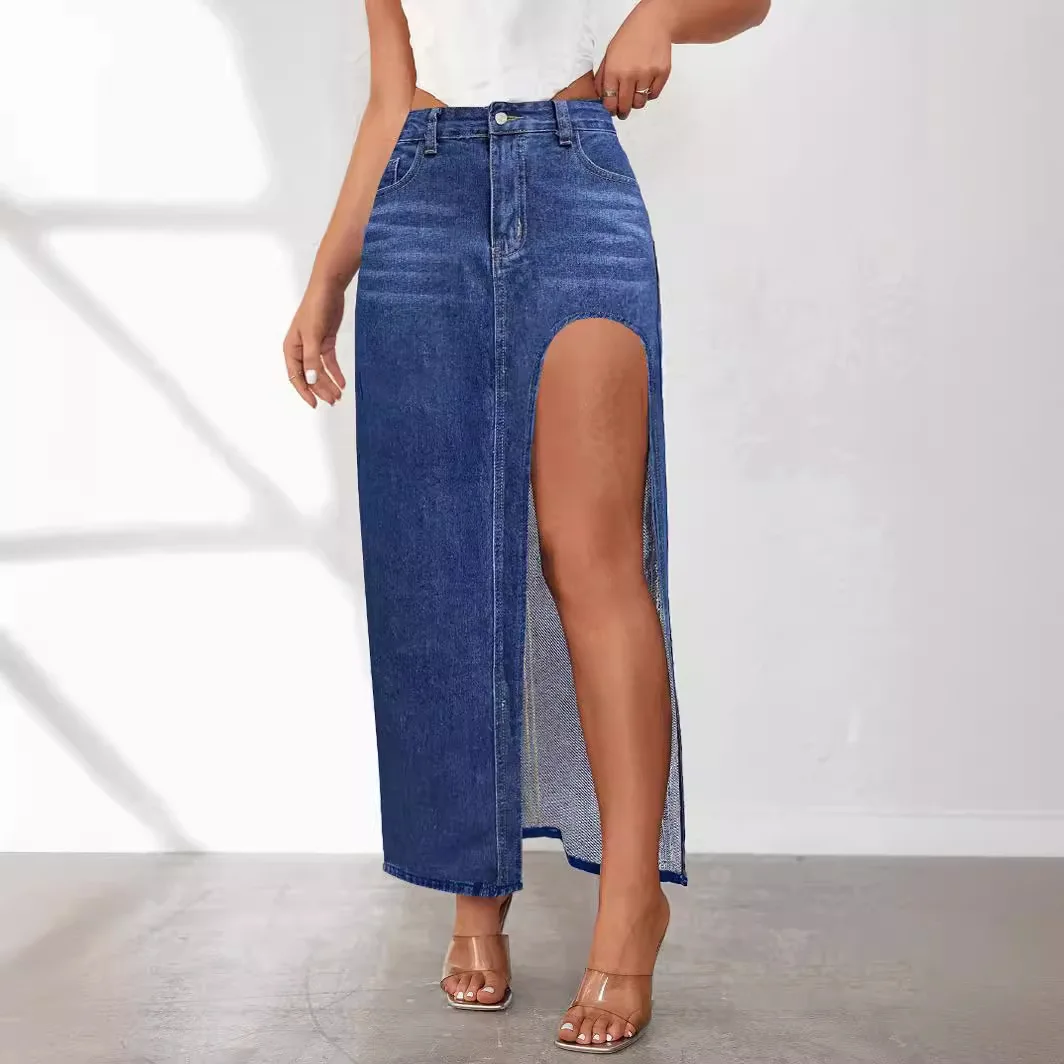 Gonna a metà corpo in denim con spacco alto e personalità in tinta unita. Nuova gonna lunga casual irregolare lavabile per donna in primavera ed estate