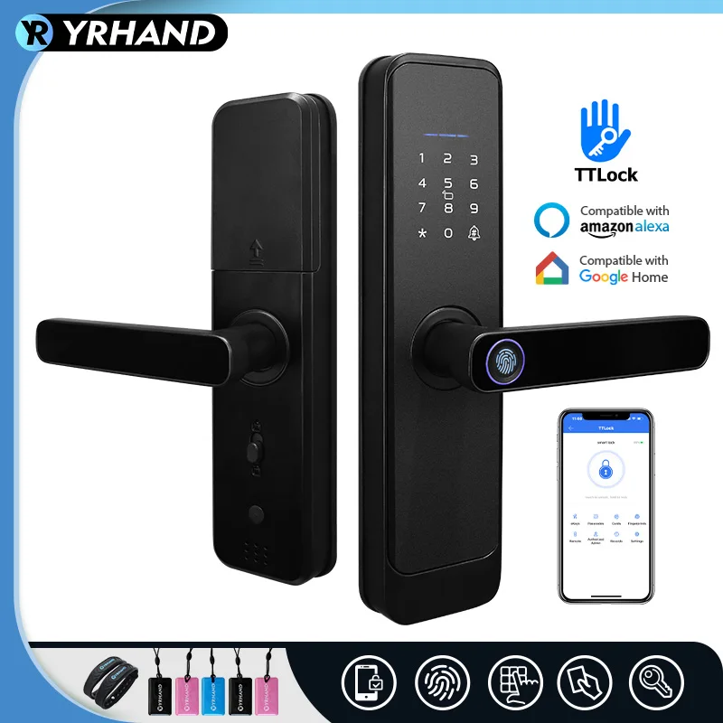 

YRHAND Matt Black Fingerprint Lock Ble TTLock App Work With Google home Aleax Security Digital Electronic Smart Lock For Home